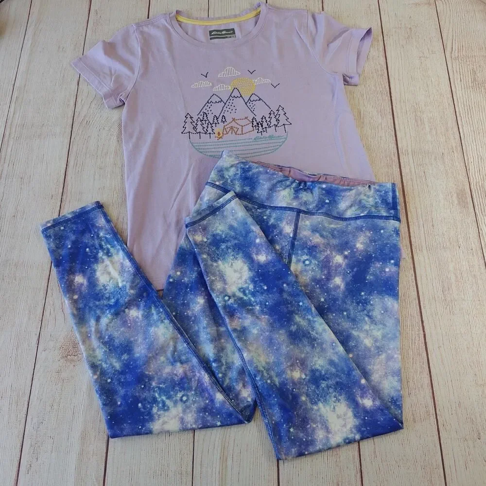Eddie Bauer lavender graphic tee & galaxy legging set sz L (14/16)